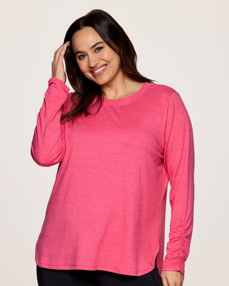 Front of a model wearing a size 2X Plus No Sweat Pullover in Pink by RBX Active. | dia_product_style_image_id:348457